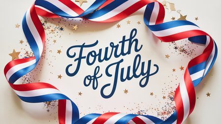 Follow us lettering with ribbons and confetti on white backgroundの素材