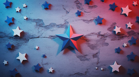 Red and blue stars on grunge concrete background. USA Independence day concept.の素材