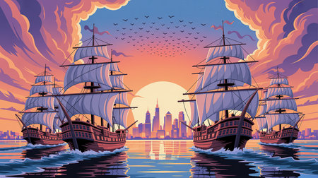 Sailing ship on the background of the city. Vector illustration.の素材
