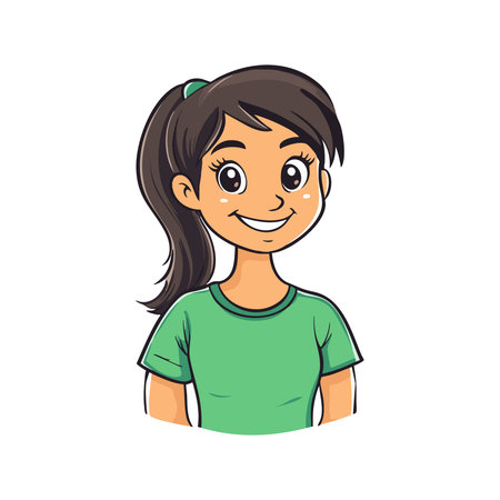 AI Generated Cartoon Girl Smiling in Green T-shirtのイラスト素材