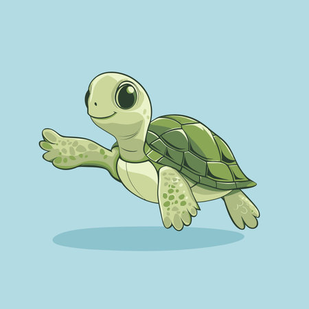 AI GeneratedÂ Charming cartoon turtle waving a hand illustration on a light blue background