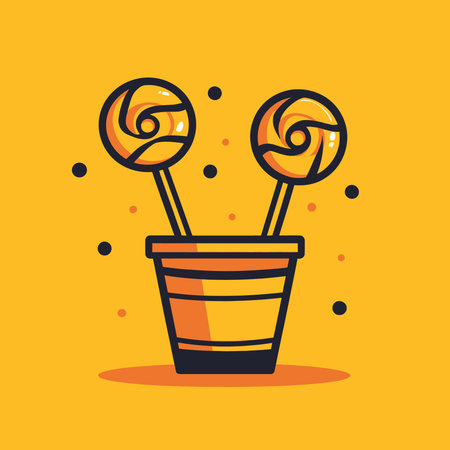 AI-generated AI GeneratedÂ Two orange swirl lollipops in a striped bucket vibrant yellow backgroundのイラスト素材