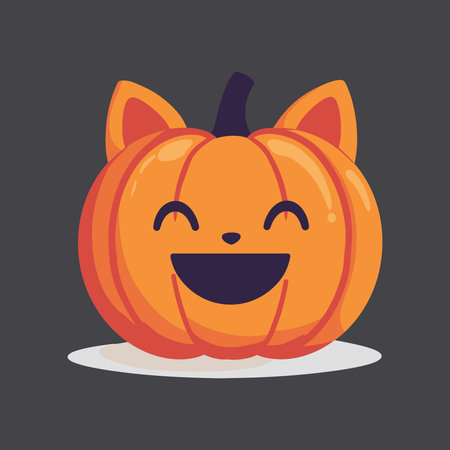 AI-generated adorable smiling pumpkin with cat ears on a simple white surfaceのイラスト素材