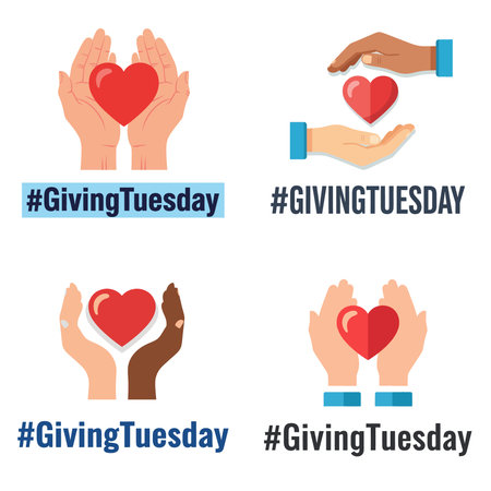 AI-generated Giving tuesday hands holding hearts diverse representation 
Four illustrations show diverse hands cupping red hearts, promoting the Giving Tuesday hashtag. Unity and gのイラスト素材