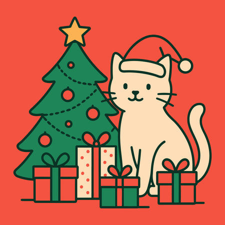 Cute christmas cat with gifts and treeのイラスト素材