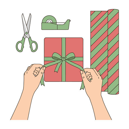 A top-down view of hands tying a bow on a red gift box, surrounded by scissors, tape, and patterned wrapping paper.のイラスト素材
