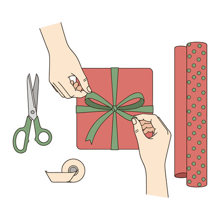 Hands meticulously wrap a vibrant red gift box with green ribbon, surrounded by scissors, tape, and a ruler, suggesting a crafting or gifting process.のイラスト素材