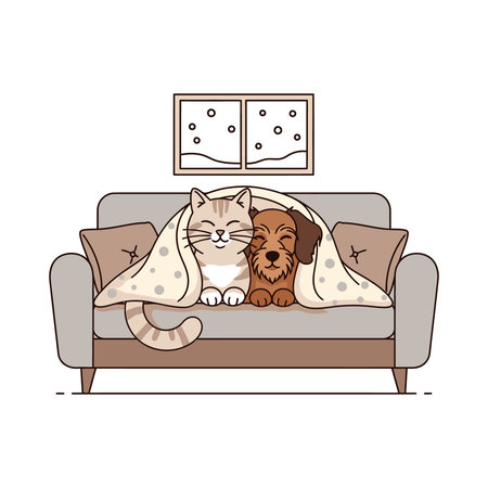 A heartwarming illustration of a cat and a small dog sleeping soundly together, covered by a patterned blanket on a comfortable sofa.のイラスト素材