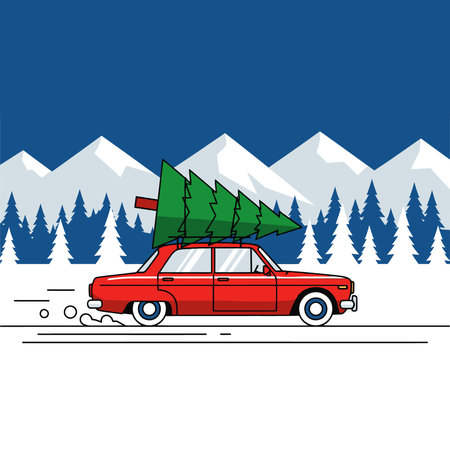 A vintage red car speeds through a snowy forest with a Christmas tree strapped to its roof. Mountains are visible in the background.のイラスト素材