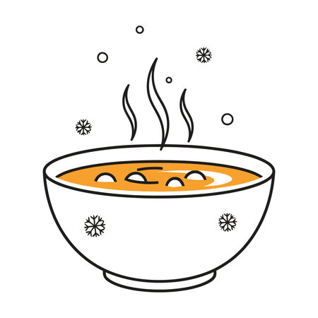 Steaming bowl of hearty soup with snowflakesのイラスト素材