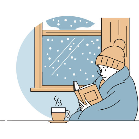 Cozy winter scene of person reading by a snowy window with hot drinkのイラスト素材