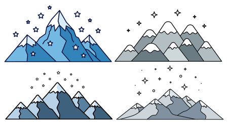 Mountains, stars and snowflakes in flat style. Vector illustration.のイラスト素材