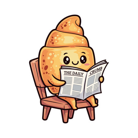 Cute croissant character reading a newspaper while relaxing on a wooden chairのイラスト素材