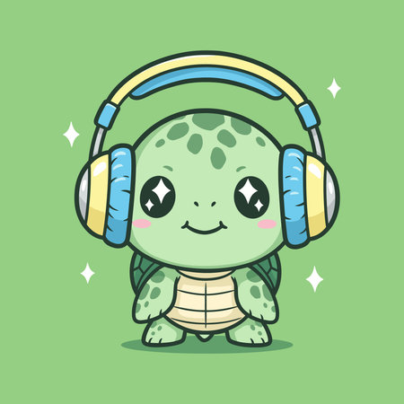 Cute turtle listening to music with headphones. Vector cartoon illustration.