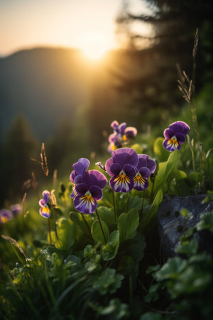 violets forget-me-nots grass mountainside summer dawn forest purple wildflowersの素材