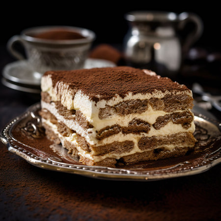tiramisu on a brown plate in a cafe a piece of cakeの素材