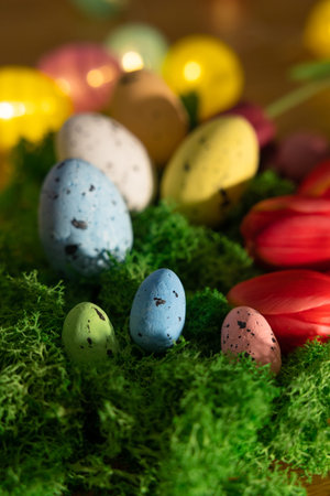 Easter colored eggs on green grass around tulips and wooden board Happy Easter