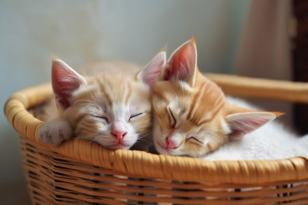 two red kittens gently sleep in a basket on a pillowの素材