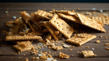 cracker broken cookies on a wooden table in a beam of light close-upの写真素材