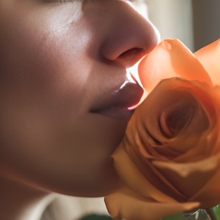 Womens lips touching a delicate sunny rose, close-up, velvet, tendernessの素材