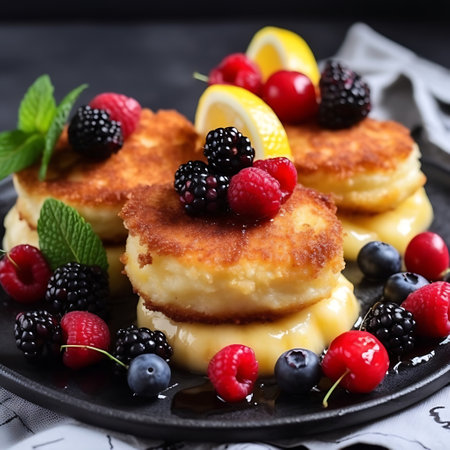 Cottage cheese pancakes with a golden crust with raspberries, blueberries and lemon. A delicious, healthy breakfastの素材