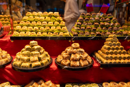 Turkish Arabic traditional Ramadan dessert baklava with pistachios Turkish delight on a stall