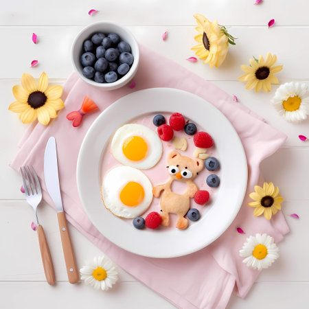 Children healthy breakfast eggs blueberries raspberries Beautiful table settingの素材