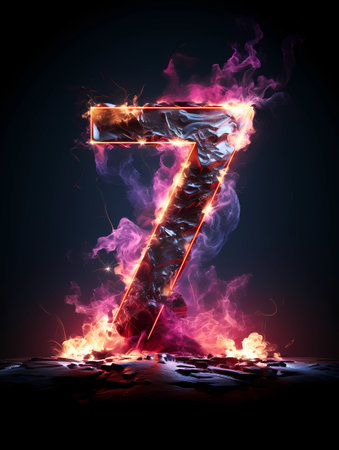 Number 7 on fire on black background Isolant fire smoke seven