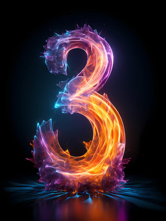 Number 3 multicolored decorative number with light streaks black background