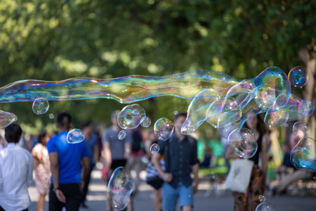 Soap bubbles in the city park shimmer in the sun. Walk in the fresh air