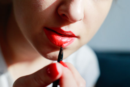 girl paints lips with brush with red lipstick. Close-up, sun rays, home makeup conceptの写真素材