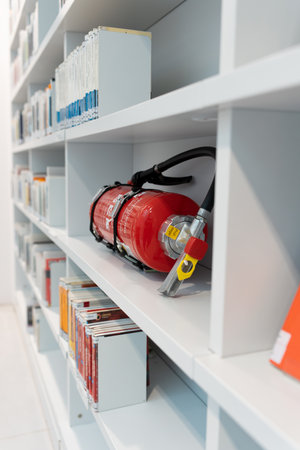 Indoor fire extinguishing system. The fire extinguisher is on the shelf. fire safety. Fire extinguisher indoors.の写真素材