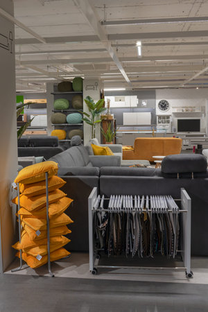 Soft Sofas in Showroom. Interior view furniture department in store.