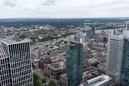 Beautiful view from the height of the city of Frankfurt am Main. View to skyline of Frankfurt from Maintower in Frankfurt, Germany.のeditorial素材