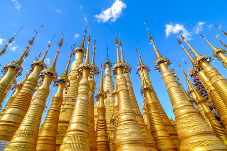 Golden pagoda at Indein, Inle Lake, Myanmarの写真素材