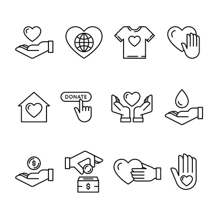 Vector graphic flat icon set for charity donation organization, volunteer center and fundraising event. Clean and simple outline design elements, symbols and pictogramsのイラスト素材