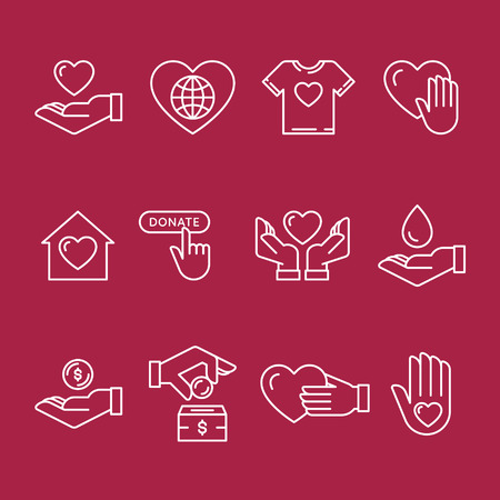 Vector graphic flat icon set for charity donation organization, volunteer center and fundraising event. Clean and simple outline design elements, symbols and pictograms on color backgroundのイラスト素材
