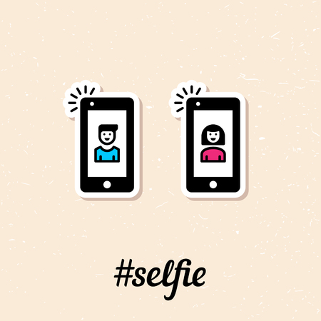Selfie graphic flat icon. Vector color sticker illustration. Taking photo with smart phone. Clean and simple outline design elements, symbols and pictograms on color backgroundのイラスト素材