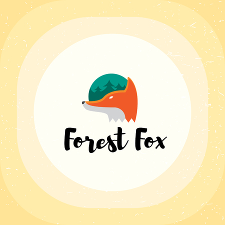 Forest Fox logo vector template. Bright wild animal icon illustration isolated on background. Orange and green predator label with trees in round shape. Colorful cute cartoon emblemのイラスト素材