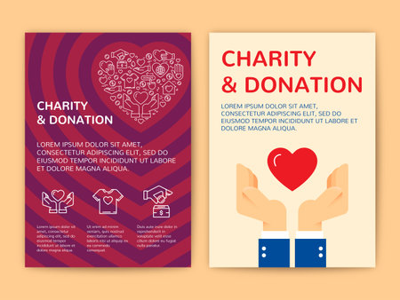 Charity and donation banner design template with vector graphic flat helping hand, red heart and icon elements set.Card flyer poster illustration with your text for volunteer center, fundraising eventのイラスト素材