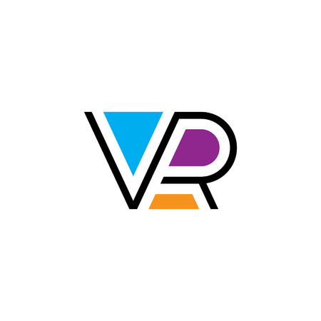 VR letter logo design template. Vector virtual reality logotype illustration. Colorful line typography label isolated on background. Graphic cyberspace lettering icon symbol for cyber sport companyのイラスト素材