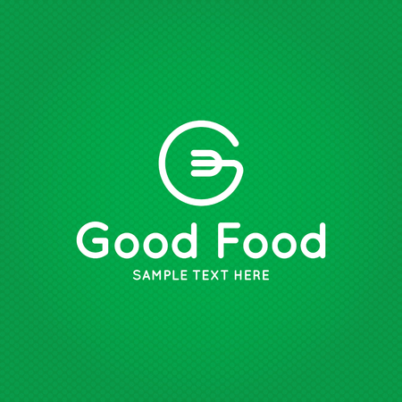 Good Food logo design template. Vector letter G logotype illustration background. Graphic fork icon for cafe, restaurant, cooking business. Modern linear catering label, emblem, badge in circleのイラスト素材