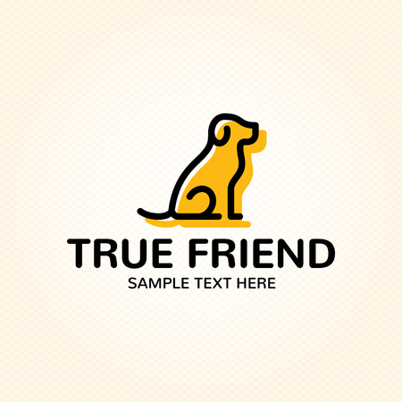 True Dog Friend logo design template. Graphic sitting puppy logotype, sign and symbol. Pet silhouette label illustration isolated on background. Modern animal badge for veterinary clinic, pet foodのイラスト素材