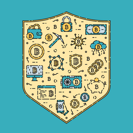 Vector bitcoin icon logo set. Linear cryptocurrency coin sign and symbol shield illustration. Blockchain mining, financial technology exchange background. Virtual currency, digital money pictogramsのイラスト素材