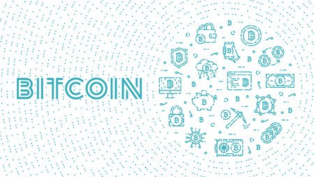 Vector bitcoin icon logo set. Linear cryptocurrency coin sign and symbol circle illustration. Blockchain mining, financial technology exchange background. Virtual currency, digital money bannerのイラスト素材