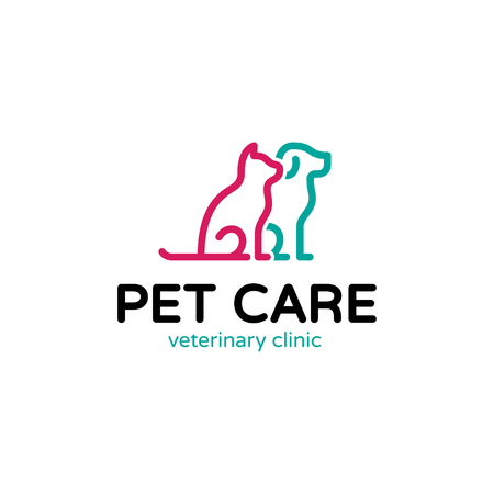 Pet Care icon design template. Graphic sitting cat and dog icon, sign, symbol. Animal friend illustration isolated on background. Modern kitten and puppy label for veterinary clinic,petfoodのイラスト素材