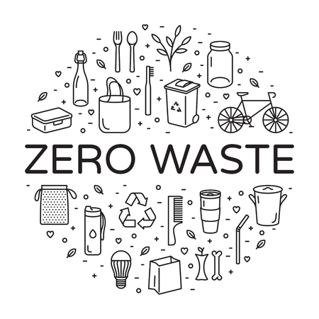 Vector Zero Waste logo design template set. Linear icon illustration of  Refuse Reduce Reuse Recycle Rot. No Plastic and Go Green background in circle form. Ð•co lifestyle sign and symbol collection