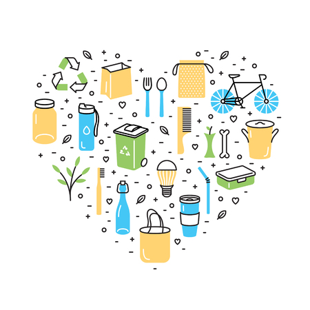 Zero Waste logo design template set. Eco friendly lifestyle sign and symbol collection. Colorful illustration of  Refuse Reduce Reuse Recycle Rot in heart form. Vector outline icon backgroundのイラスト素材