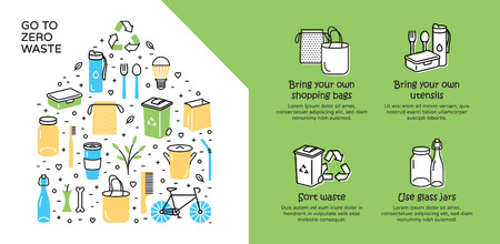 Go To Zero Waste background template. Vector illustration icon set poster with place for text. No Plastic and Go Green concept. Color design banner template of  Refuse Reduce Reuse Recycle Rotのイラスト素材