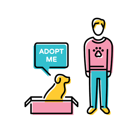 Vector Adopt A Pet design poster with dog in box. Donât Buy. Color pictogram banner showing animal adoption, homeless help. Linear icon illustration with a man and a speech bubble on backgroundのイラスト素材